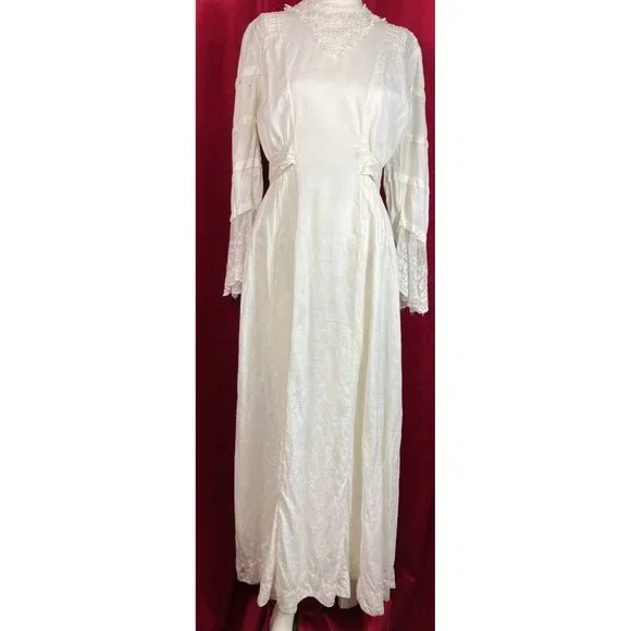 Tall C 1908 Fancy Lace Linen Dress Summer Edwardian Bell Sleeve - Picture 3 of 12